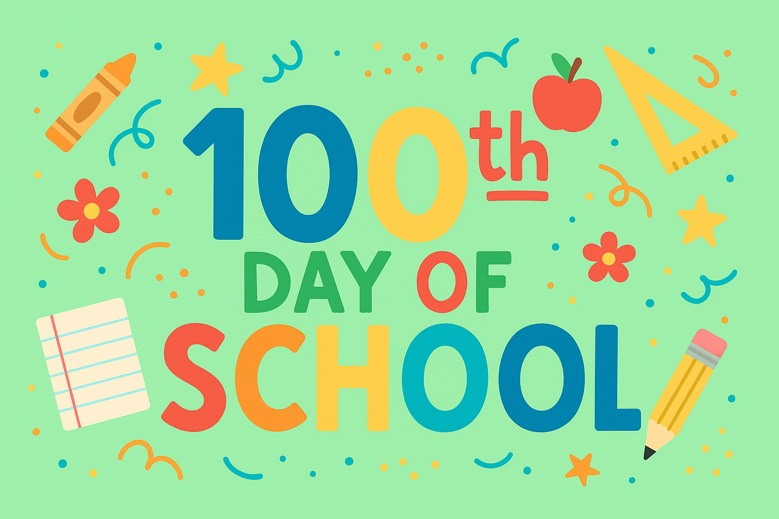 100th day of school clipart with colorful text, stars, flowers, a pencil, a crayon, an apple, and playful decorations in a bright school clipart style
