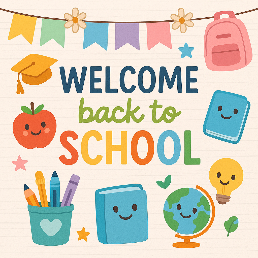 back to school clipart with colorful welcome text, smiling books, pencils, globe, apple, and classroom decorations in a cute school clipart style