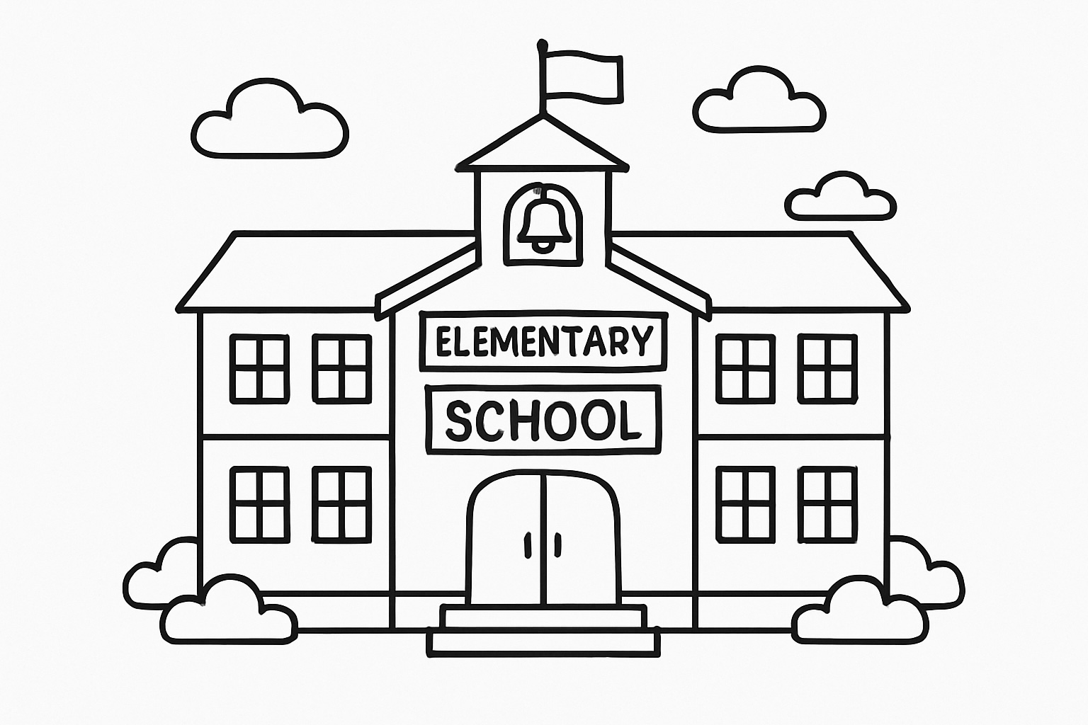 elementary school black and white school clipart line drawing of a simple school building with windows, doors, clouds, and clean outlines