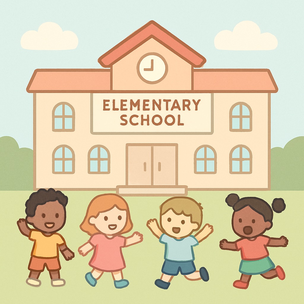 Elementary school building with four happy children playing in front
