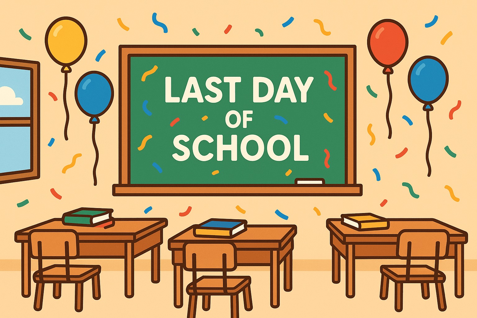 last day of school clipart classroom with balloons and confetti in a cheerful school clipart style