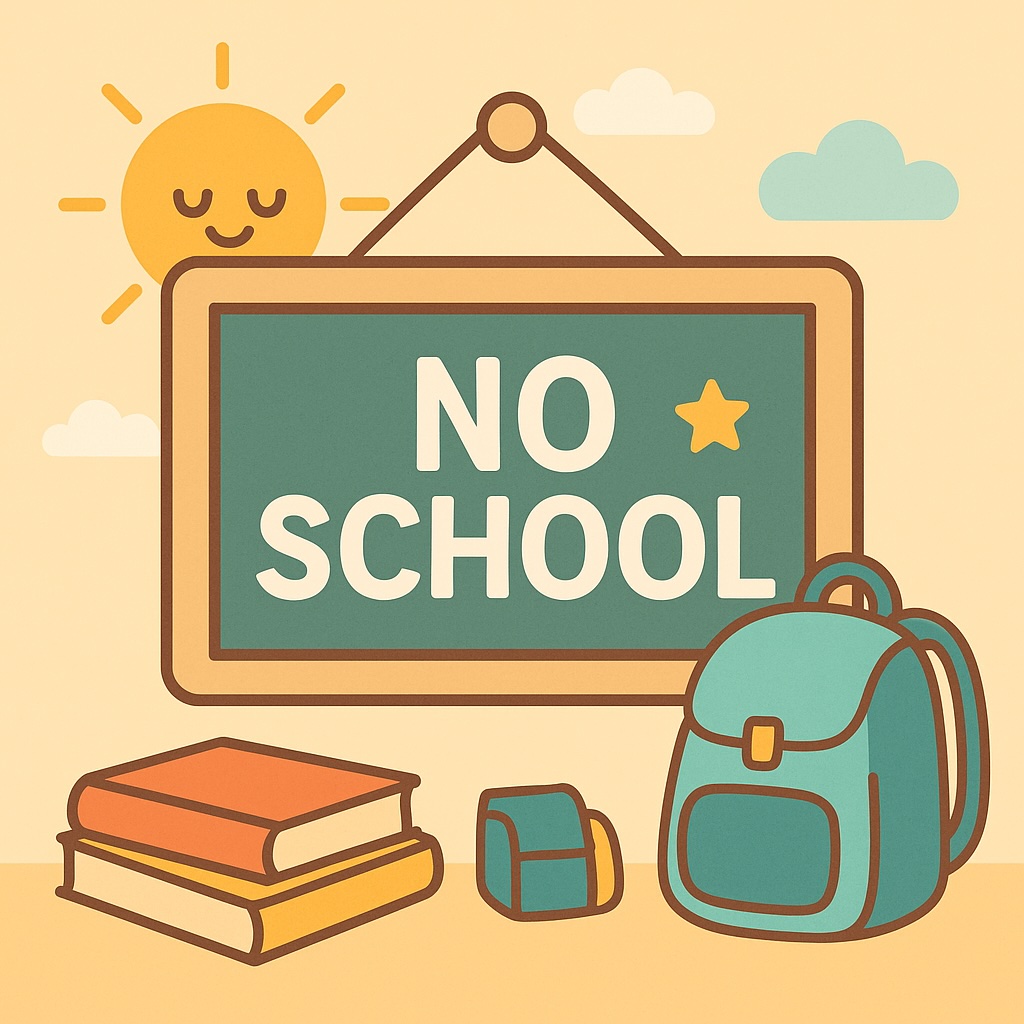 no school clipart sign with books, a backpack, a lunchbox, and a smiling sun in a cute pastel school clipart style