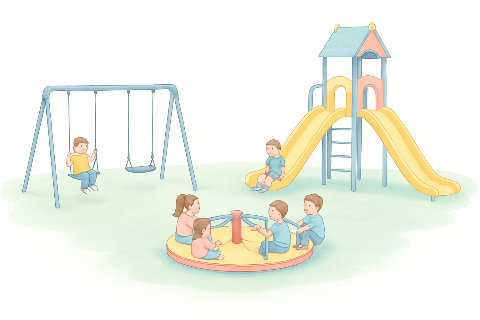 playground school clipart showing children playing on swings, a slide, and a merry go round in a soft pastel school clipart style