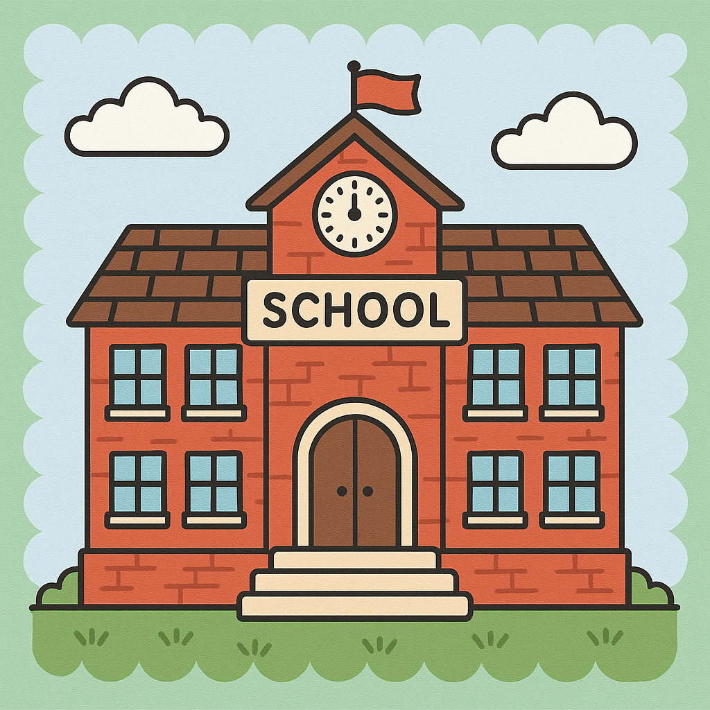 school building clipart showing a cute red brick school with a clock tower, flag, windows, and simple outdoor details in a friendly school clipart style