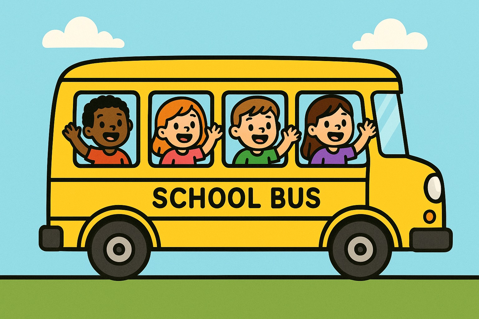 school bus clipart with happy children waving from a yellow school bus in a bright and friendly school clipart style
