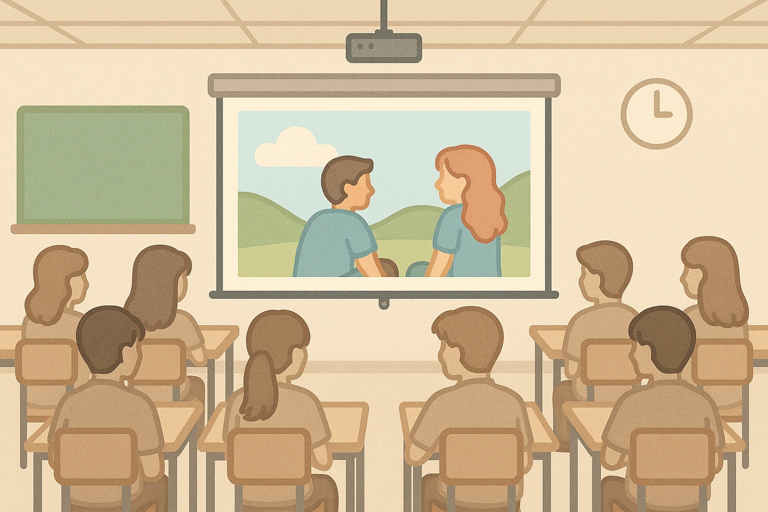 wwatch a movie at school clipart showing students seated in a classroom watching a projected film in a warm and simple school clipart style
